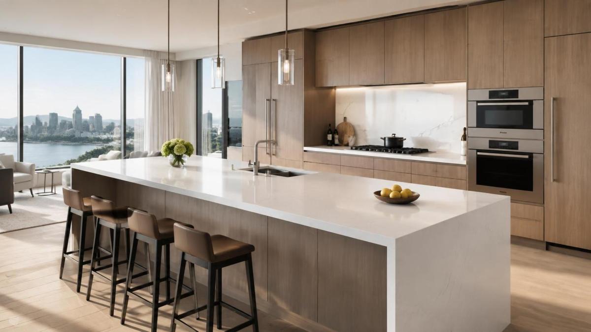 Kitchen island in a uniform color quartz slab after bulk order color matching Kitchen island in a uniform color quartz slab after bulk order color matching