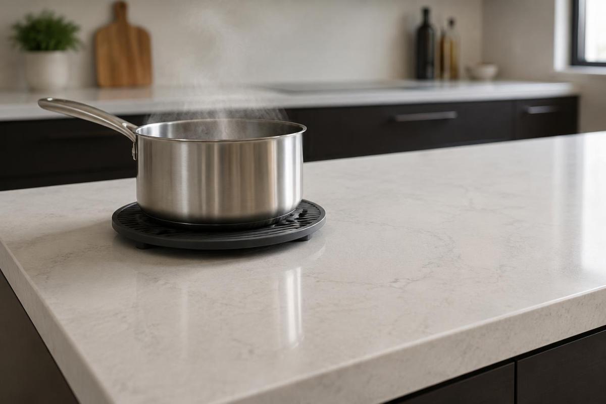 Hot pan placed on a heat-resistant engineered quartz countertop