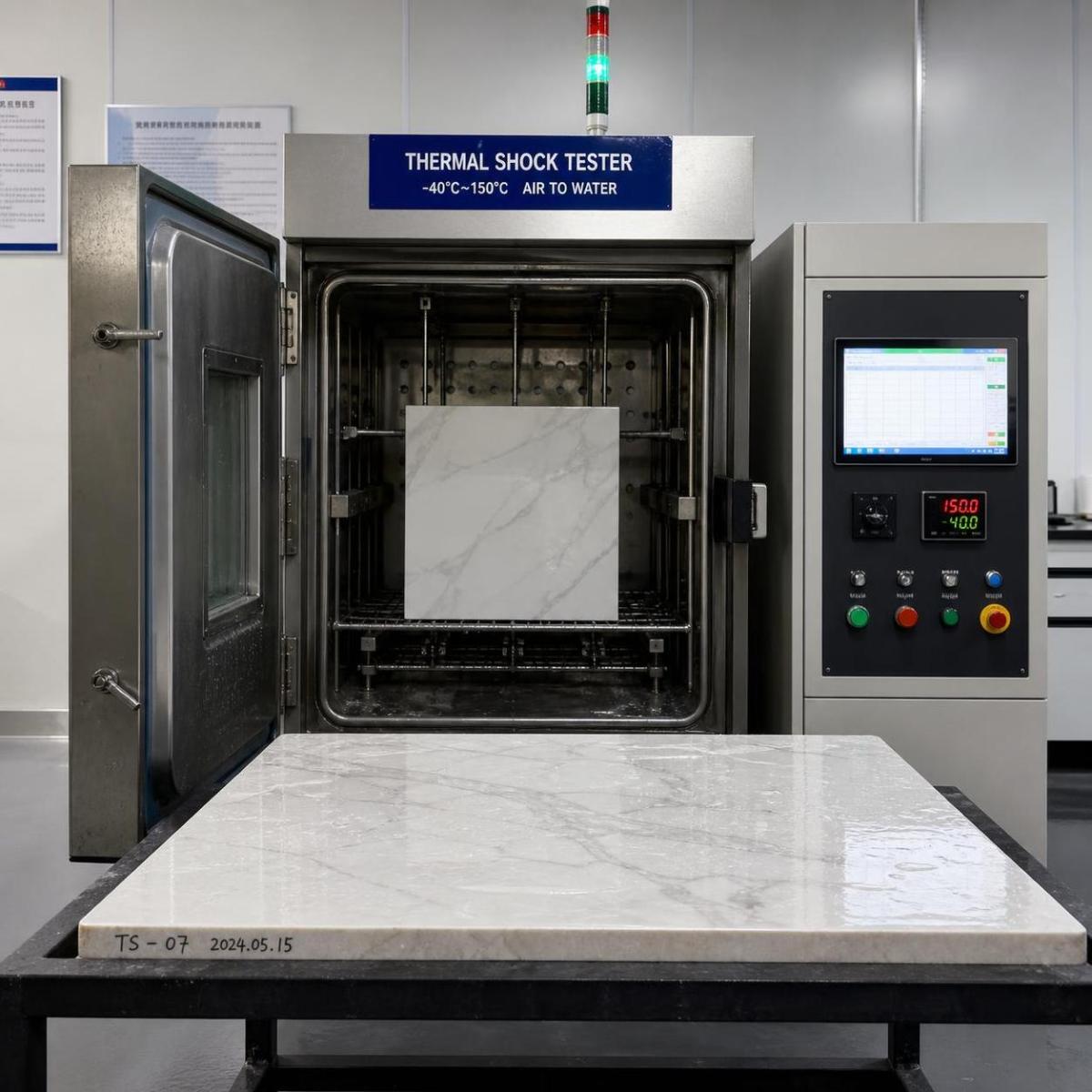 Quartz slab inside a thermal shock tester for high temperature and freeze resistance