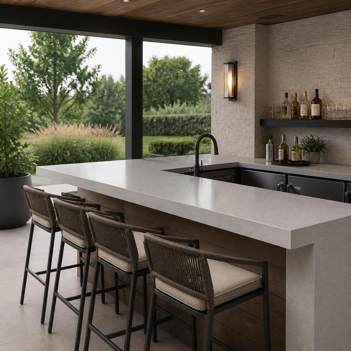 Outdoor kitchen island with a quartz countertop exposed to temperature changes