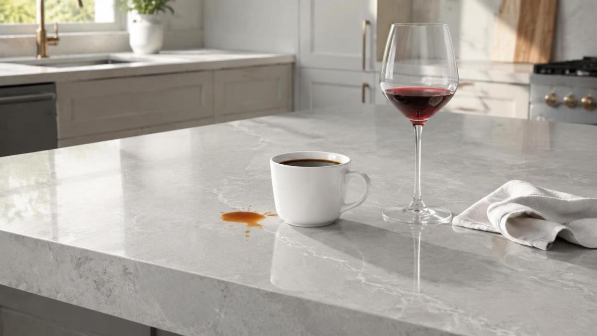 Coffee and wine spills on a marble kitchen countertop during a comparison test Coffee and wine spills on a marble kitchen countertop during a comparison test