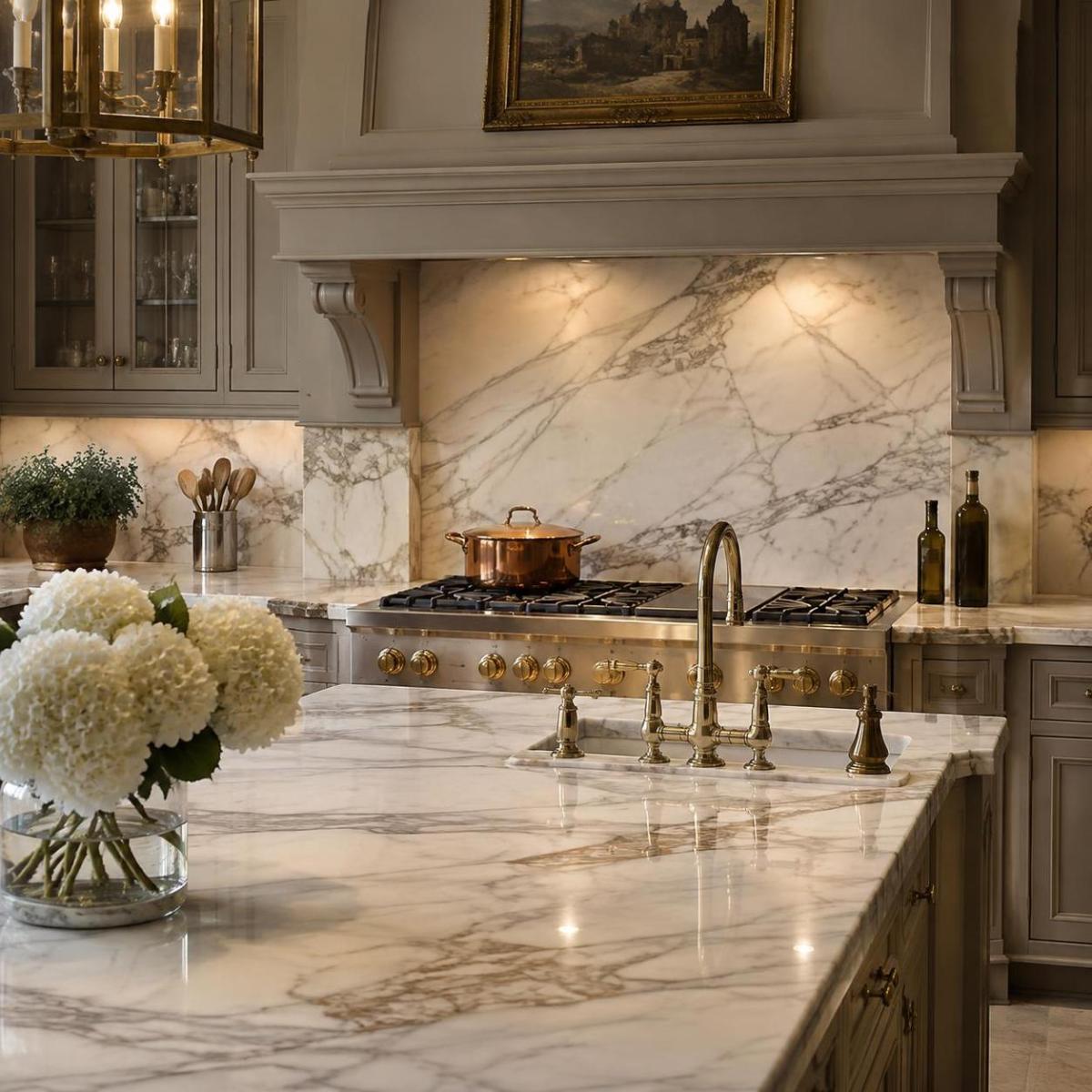 Marble kitchen countertop with heavy veining in a traditional kitchen Marble kitchen countertop with heavy veining in a traditional kitchen