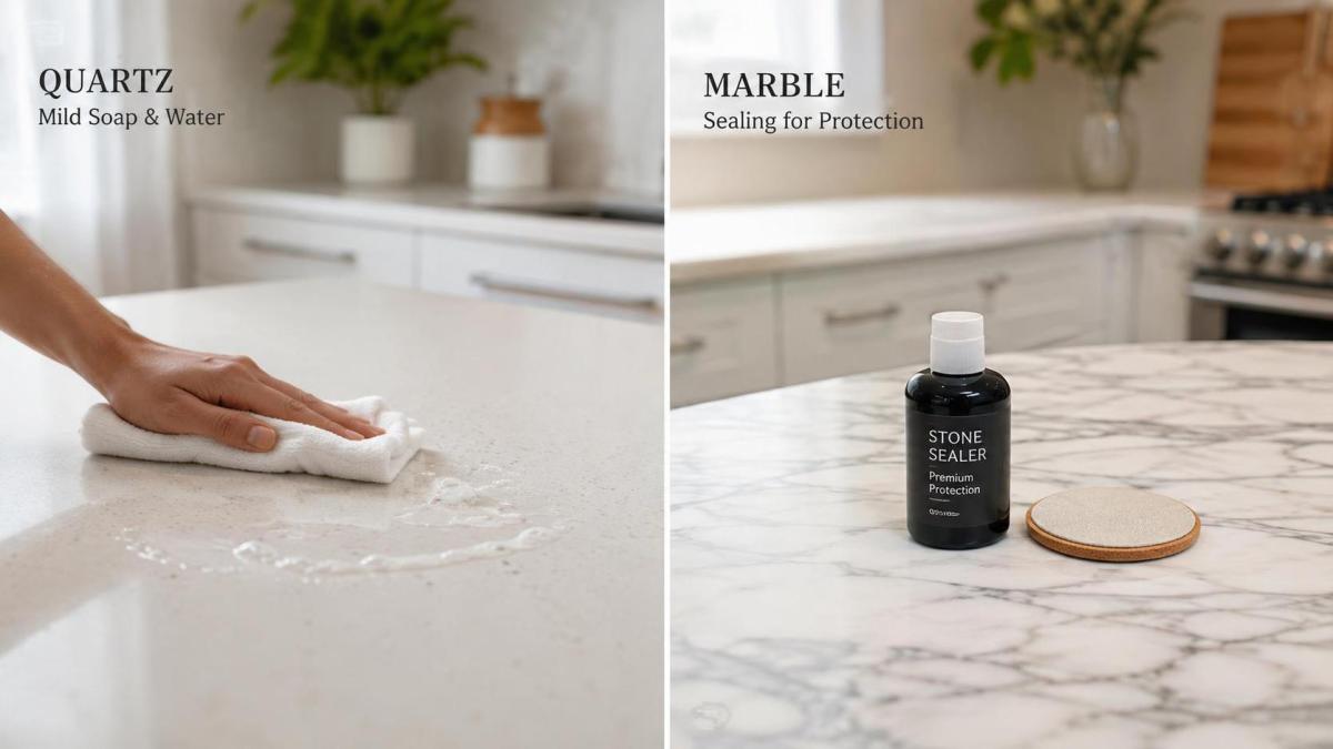Sealing step comparison: quartz needs no sealing while marble requires a sealer Sealing step comparison: quartz needs no sealing while marble requires a sealer