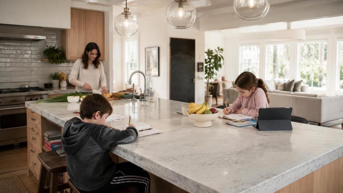 Family using a durable quartz kitchen countertop for daily activities Family using a durable quartz kitchen countertop for daily activities