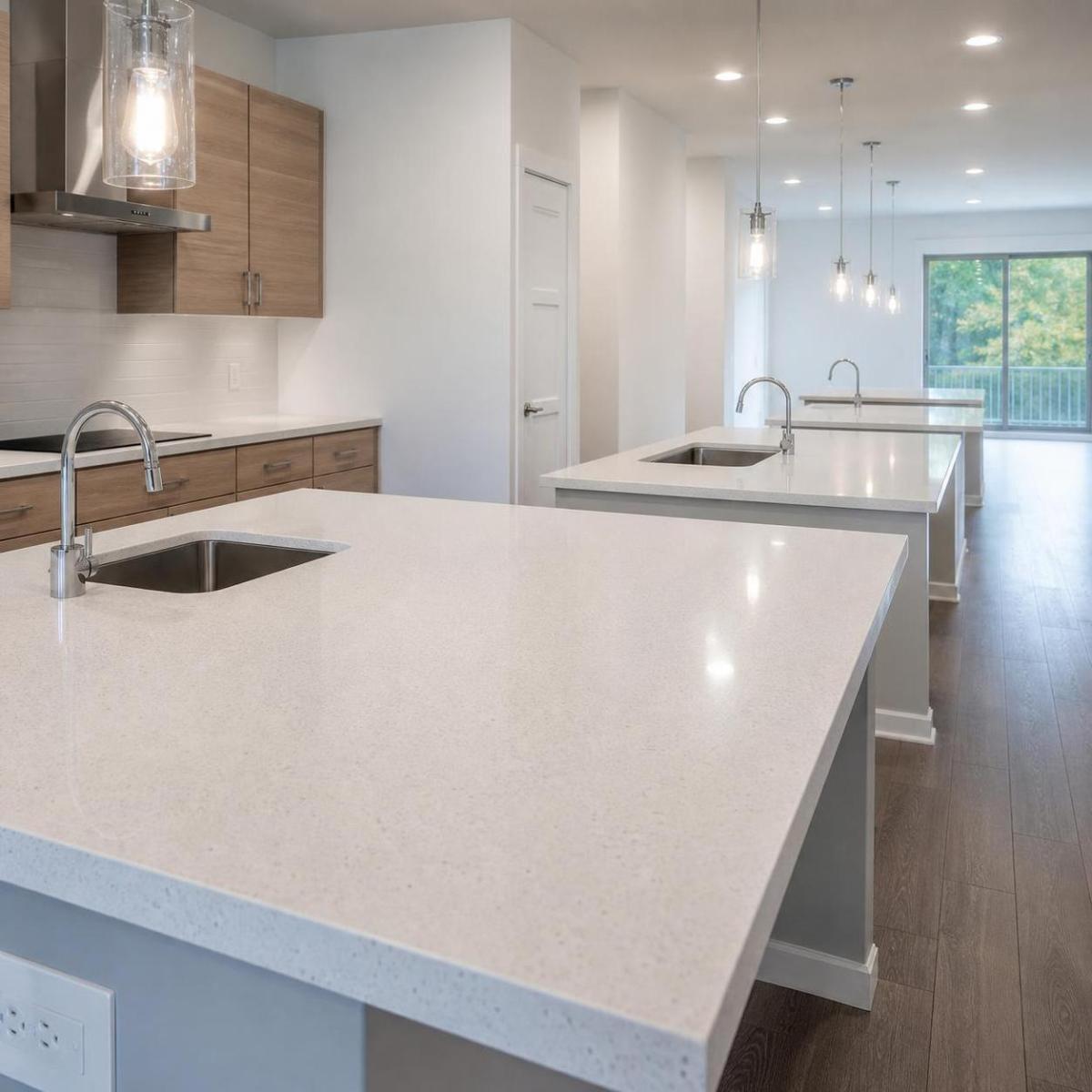 Large light quartz island countertop in a modern kitchen Large light quartz island countertop in a modern kitchen
