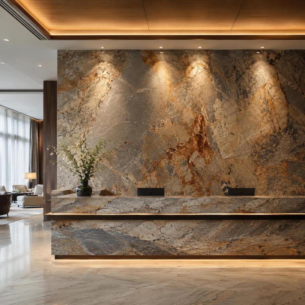 Backlit stone feature wall above a counter in a hotel lobby Backlit stone feature wall above a counter in a hotel lobby