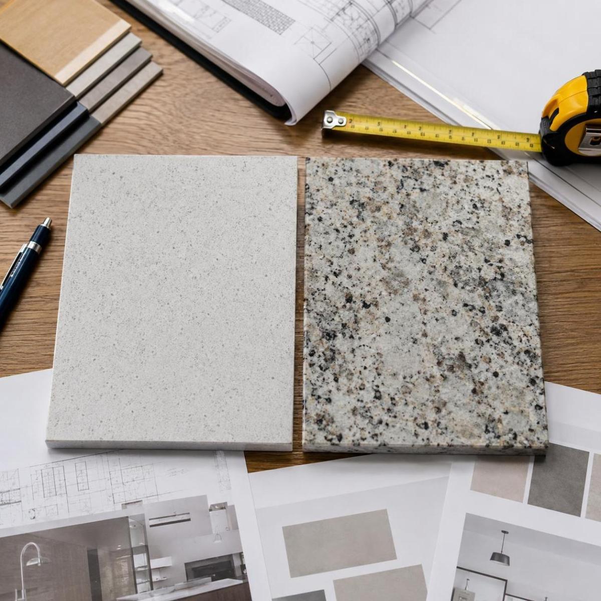 Quartz and granite samples on a designer desk with drawings and a tape measure Quartz and granite samples on a designer desk with drawings and a tape measure