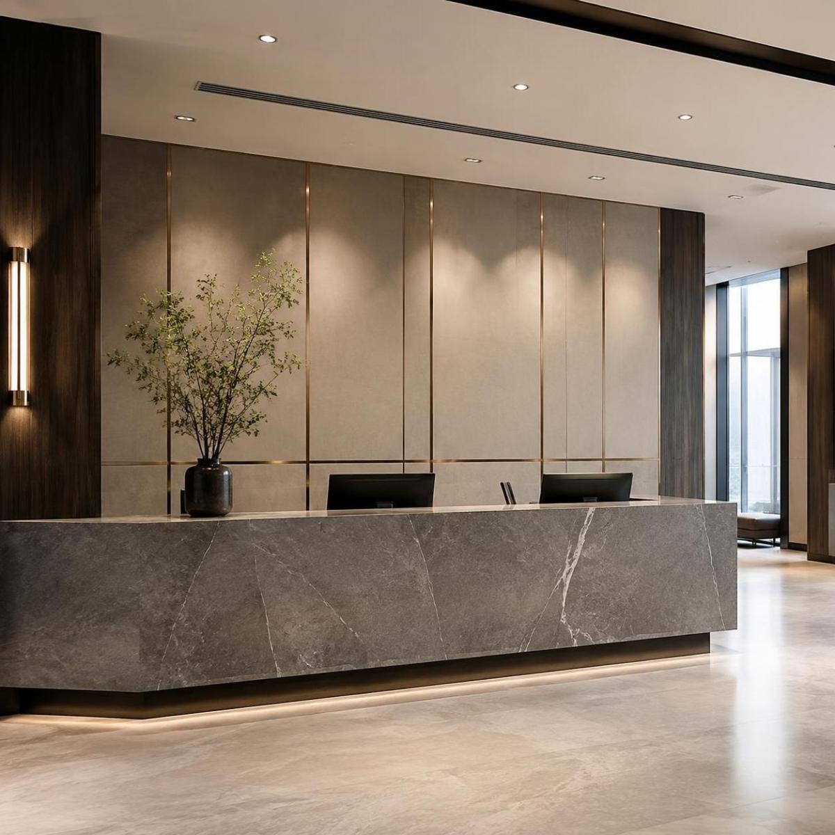 Dark veined stone reception desk in a hotel lobby project Dark veined stone reception desk in a hotel lobby project