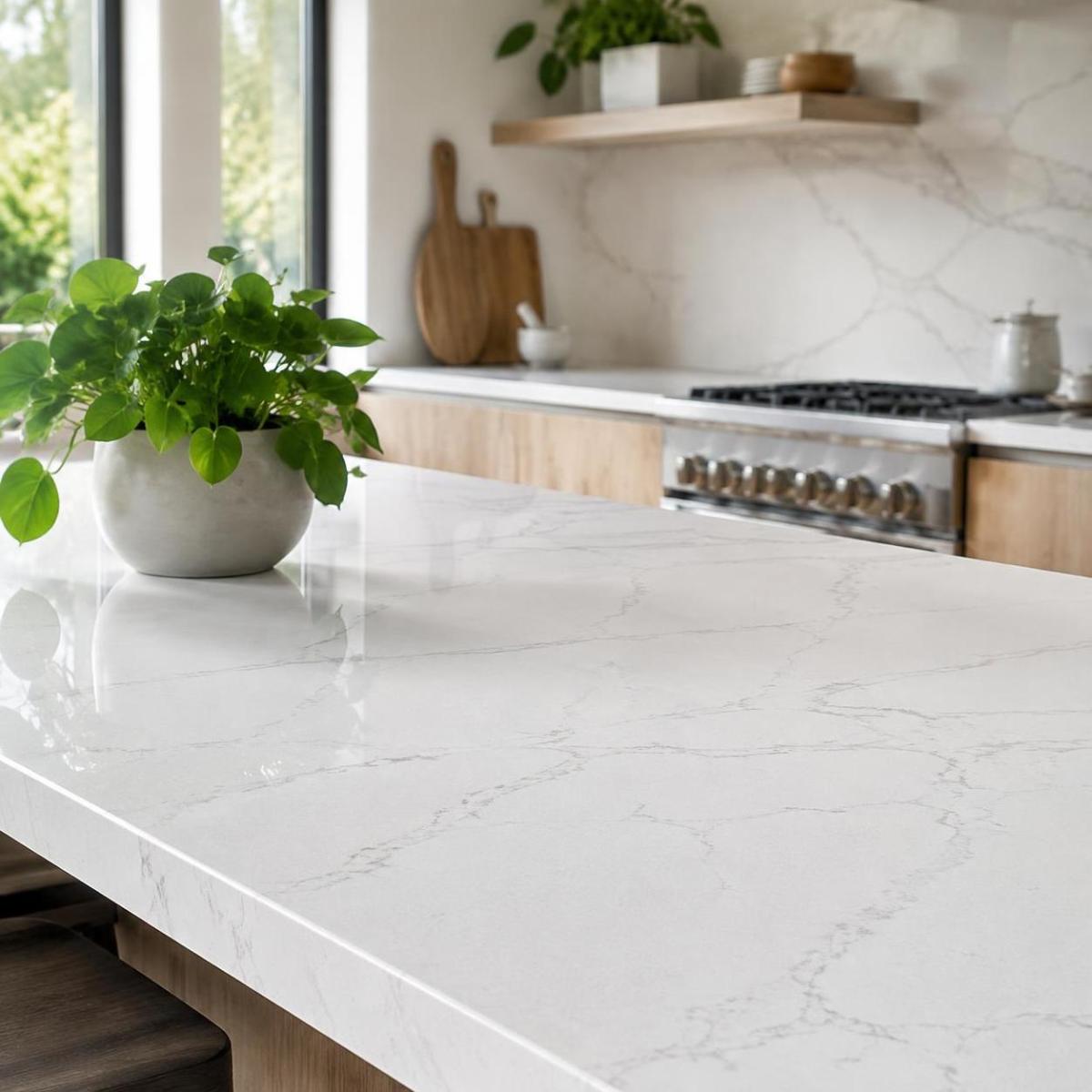 White engineered quartz kitchen countertop highlighting a hygienic and safe surface