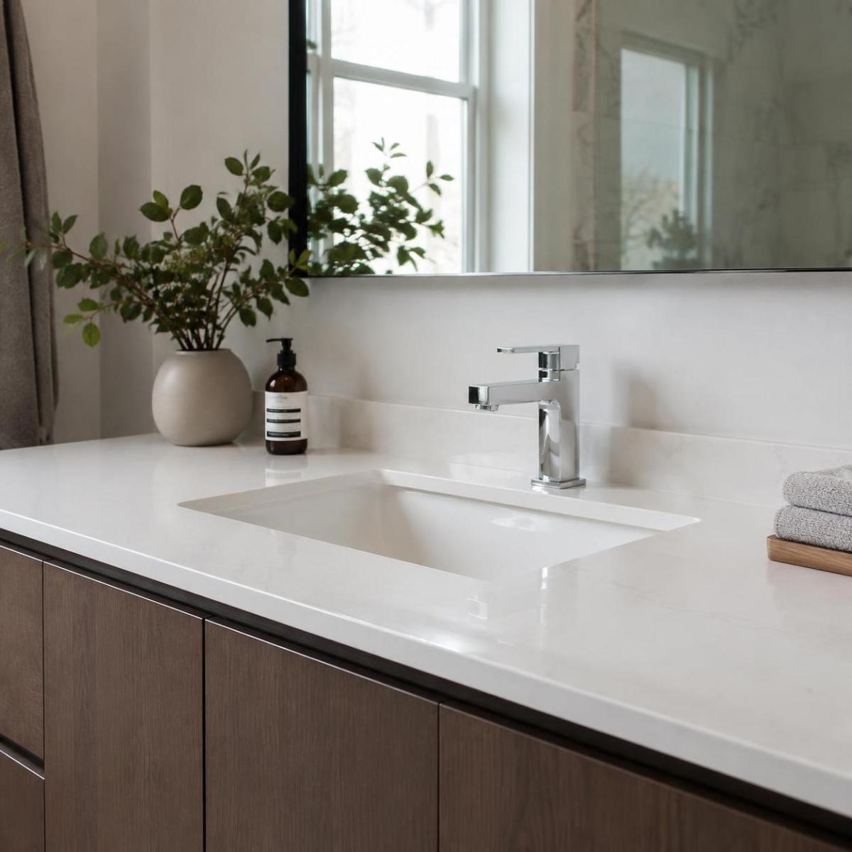 Non-porous engineered quartz bathroom vanity top for hygienic everyday use