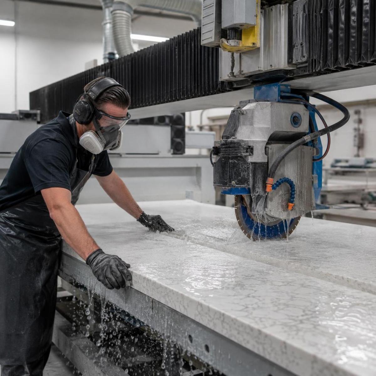Worker cutting a quartz slab with a water-cooled CNC machine using protective gear