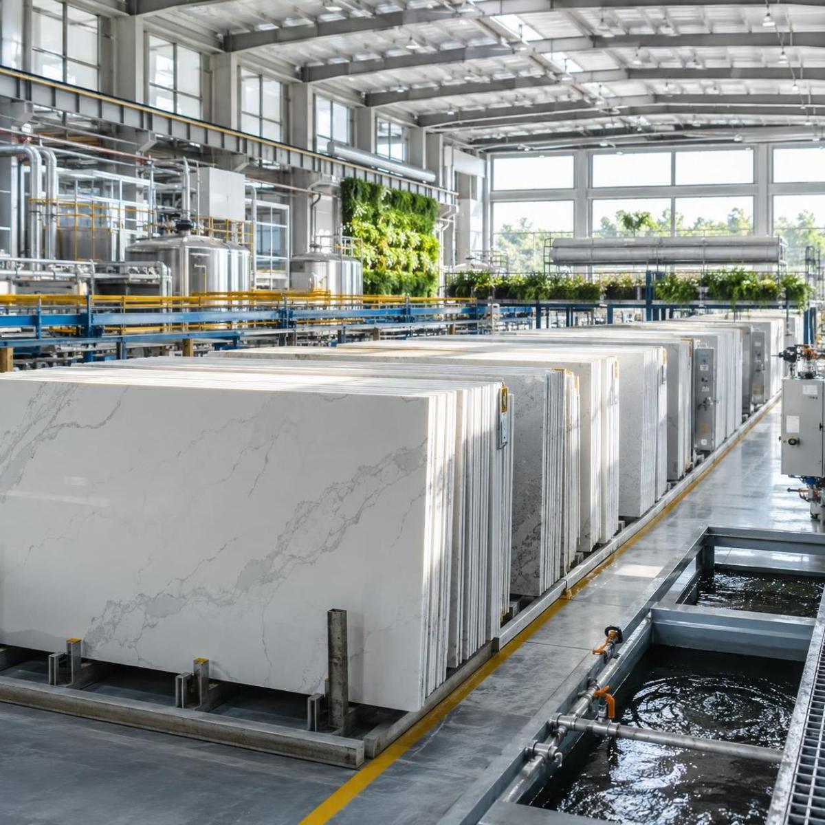 Eco-friendly engineered quartz slabs stored on racks in a modern factory