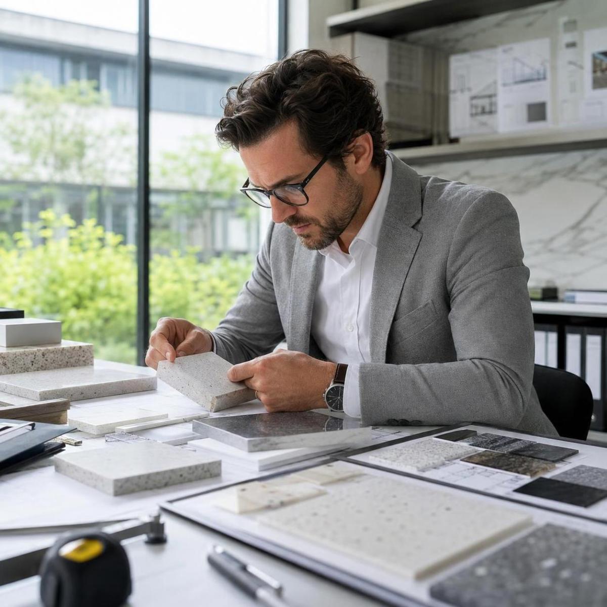 Designer reviewing engineered quartz samples for safe indoor application