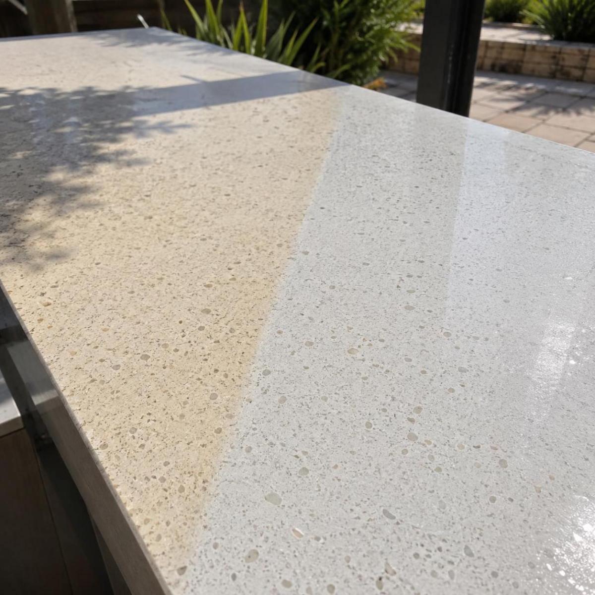 Light speckled quartz countertop installed outdoors under direct sunlight Light speckled quartz countertop installed outdoors under direct sunlight