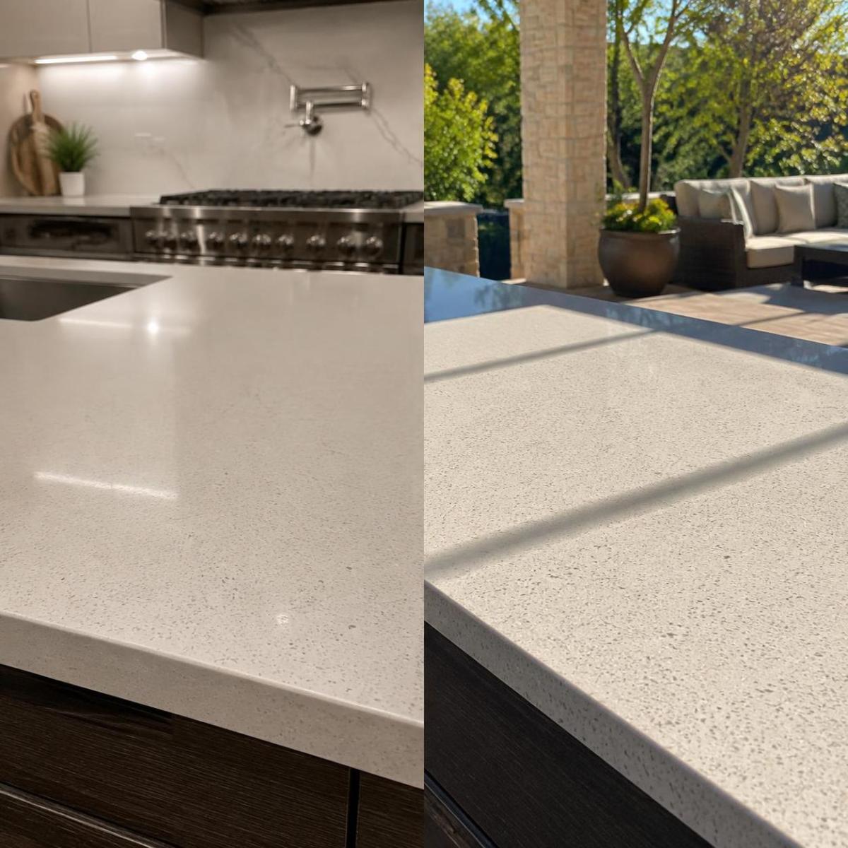 Indoor quartz countertop versus an outdoor quartz surface exposed to weather Indoor quartz countertop versus an outdoor quartz surface exposed to weather