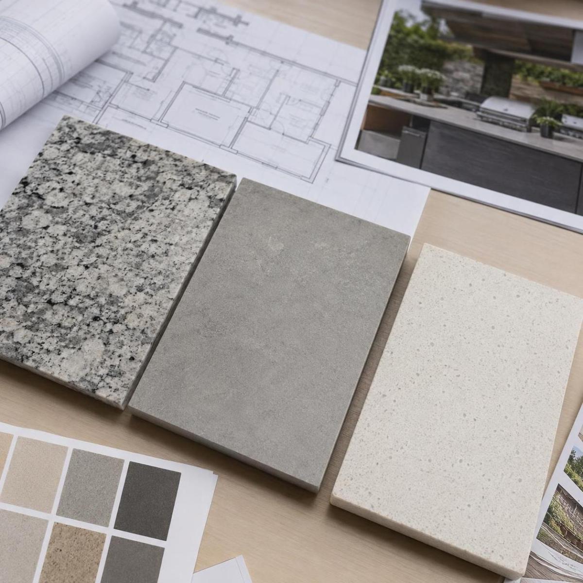 Quartz and alternative stone samples on an outdoor project design desk Quartz and alternative stone samples on an outdoor project design desk