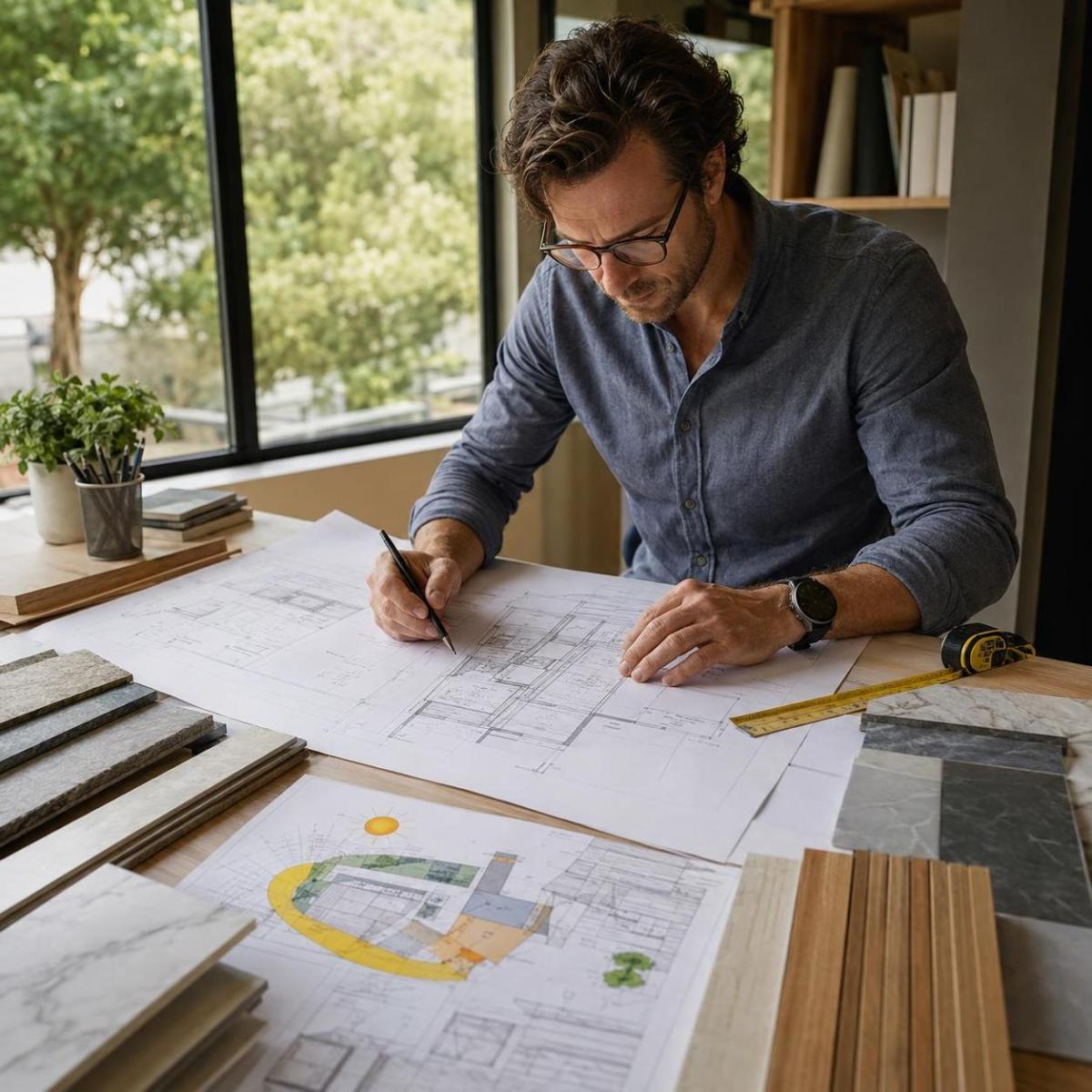 Designer planning an outdoor countertop project with quartz samples Designer planning an outdoor countertop project with quartz samples