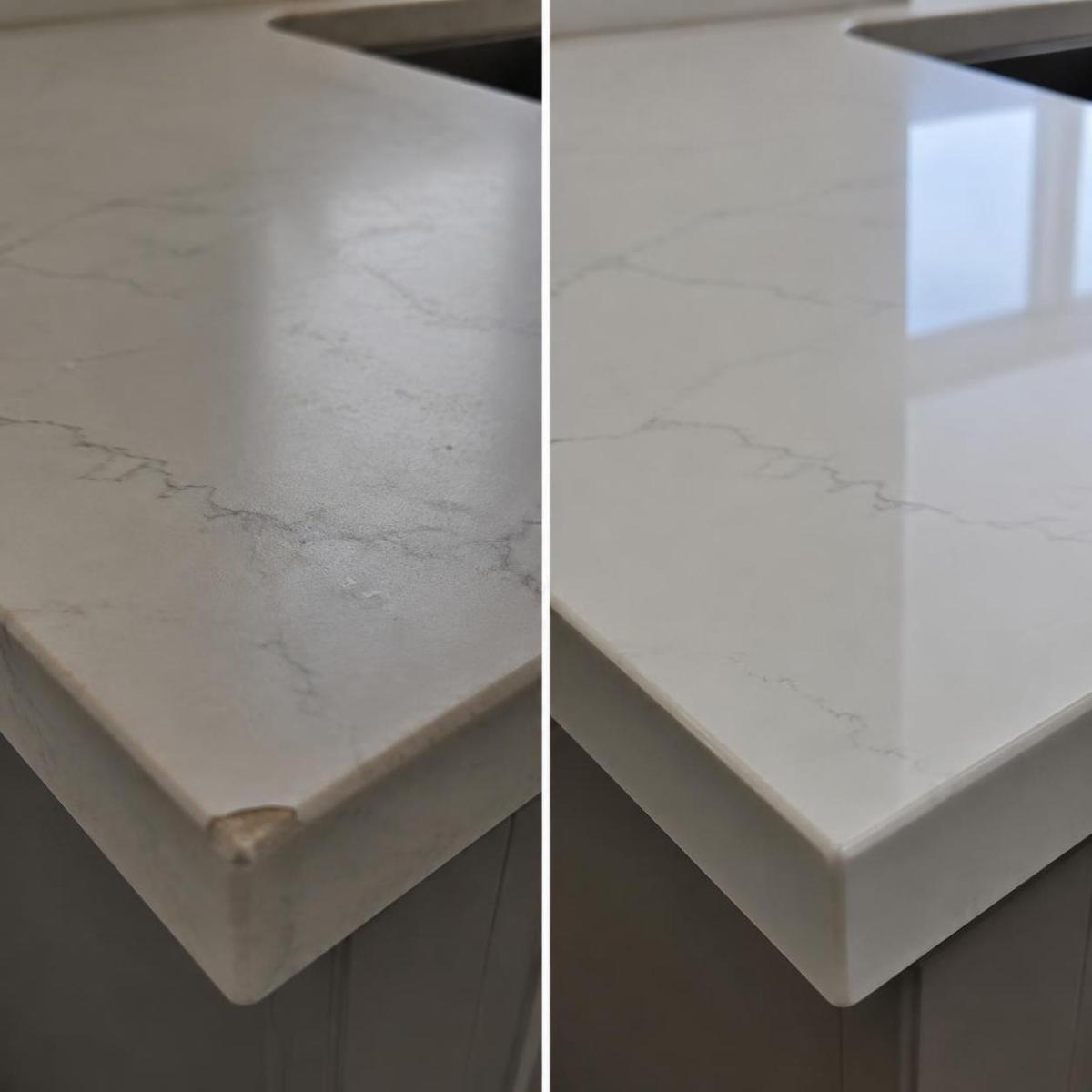 Close-up comparing a worn quartz countertop edge and a well-maintained edge Close-up comparing a worn quartz countertop edge and a well-maintained edge