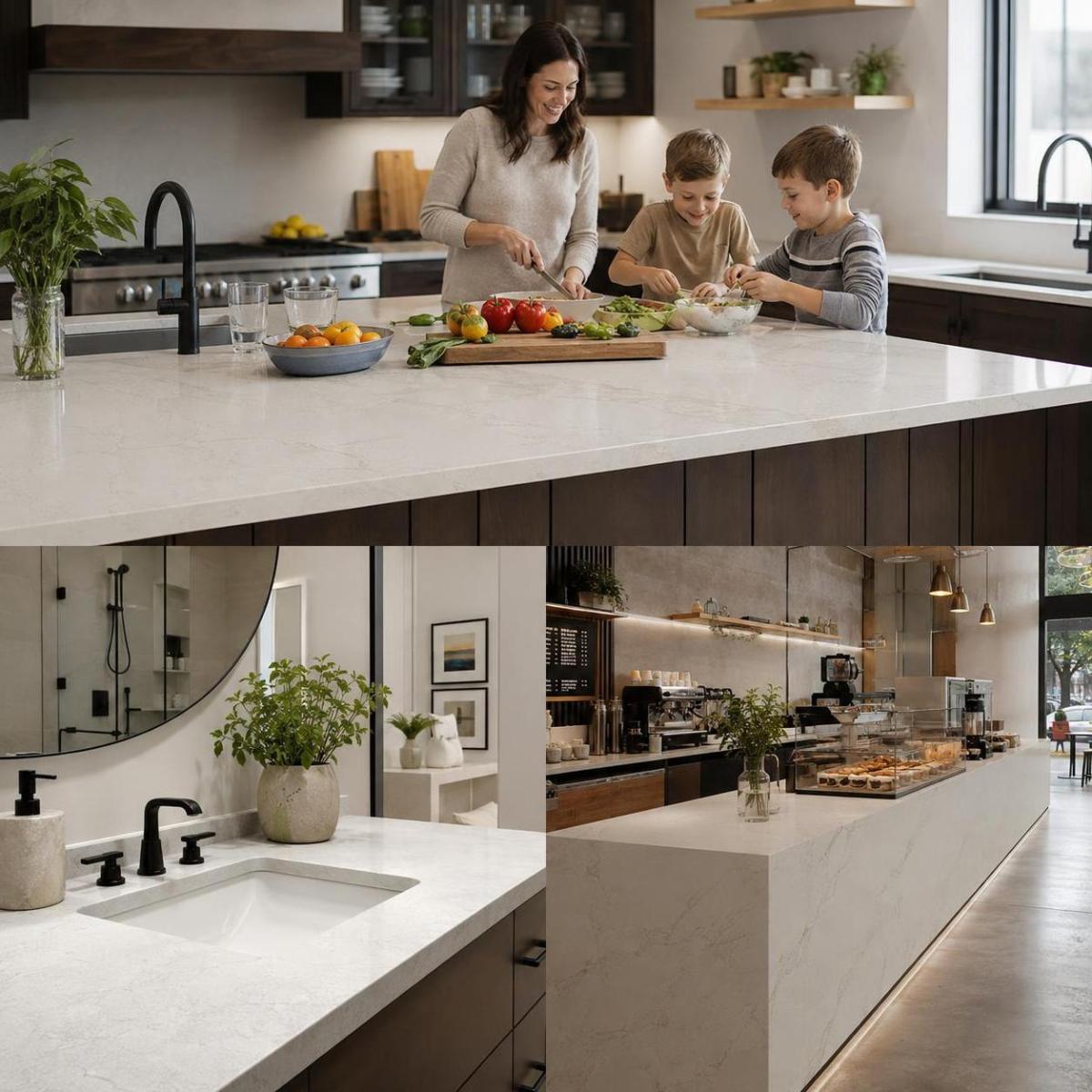 Family kitchen with a durable engineered quartz island countertop in daily use Family kitchen with a durable engineered quartz island countertop in daily use