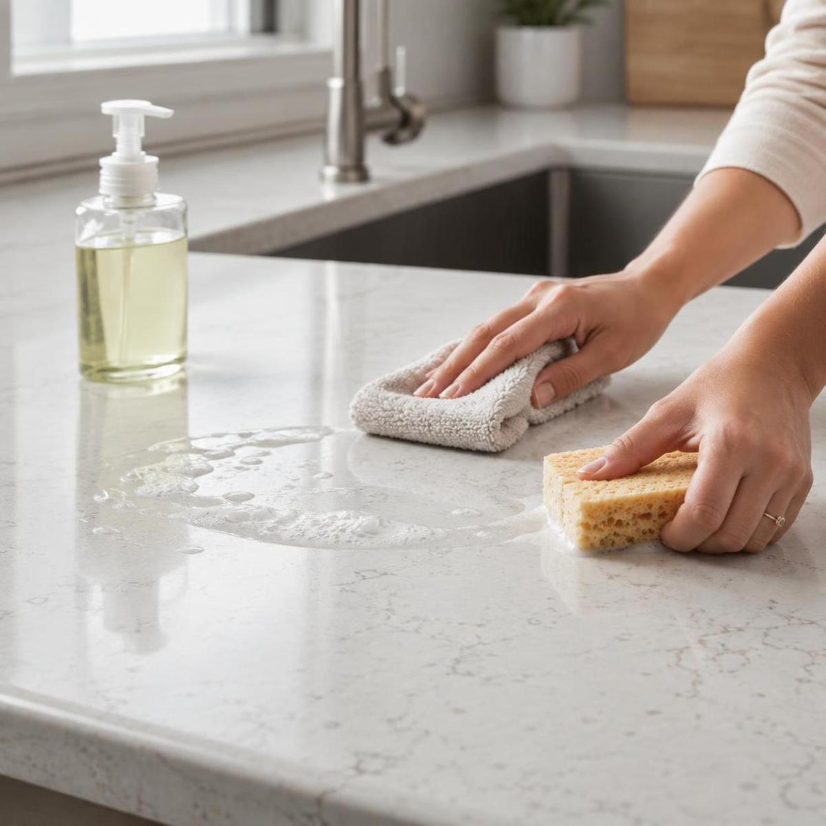 Cleaning a quartz countertop with a soft sponge and mild soapy water Cleaning a quartz countertop with a soft sponge and mild soapy water