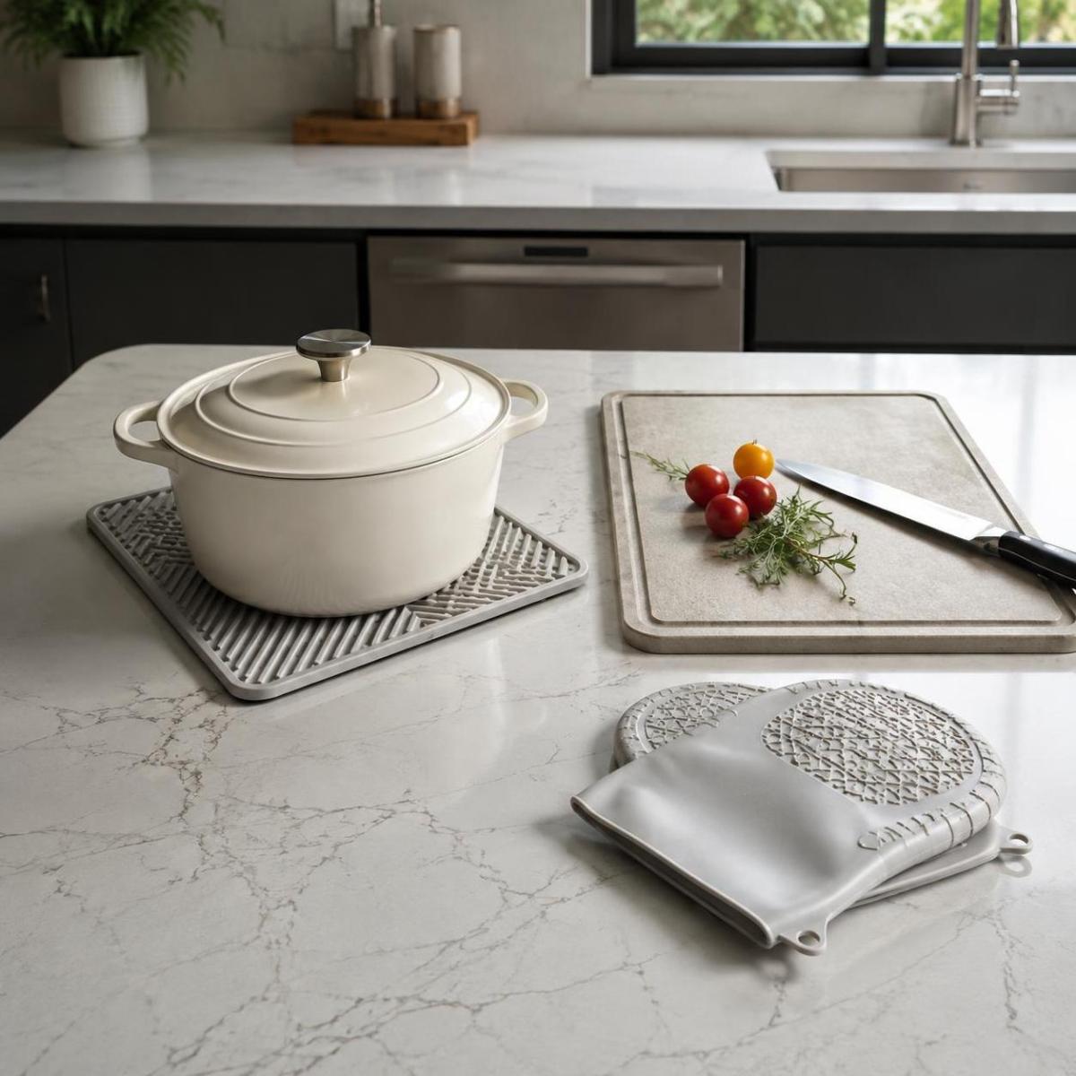 Using a trivet and cutting board to protect a quartz countertop from heat and scratches Using a trivet and cutting board to protect a quartz countertop from heat and scratches