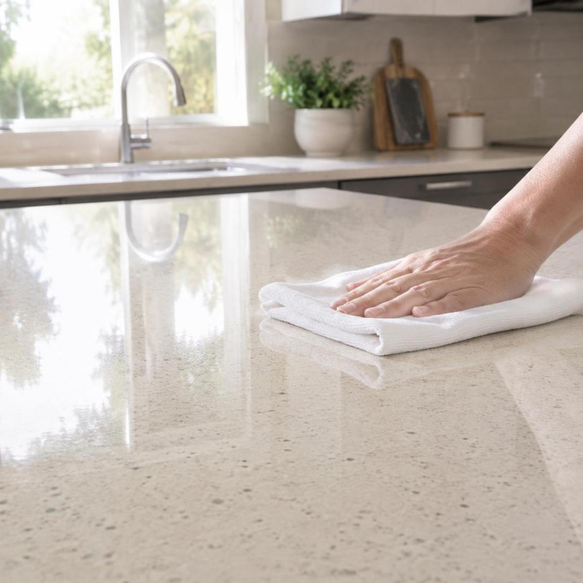 Wiping a quartz countertop with a soft cloth to keep its polished finish Wiping a quartz countertop with a soft cloth to keep its polished finish