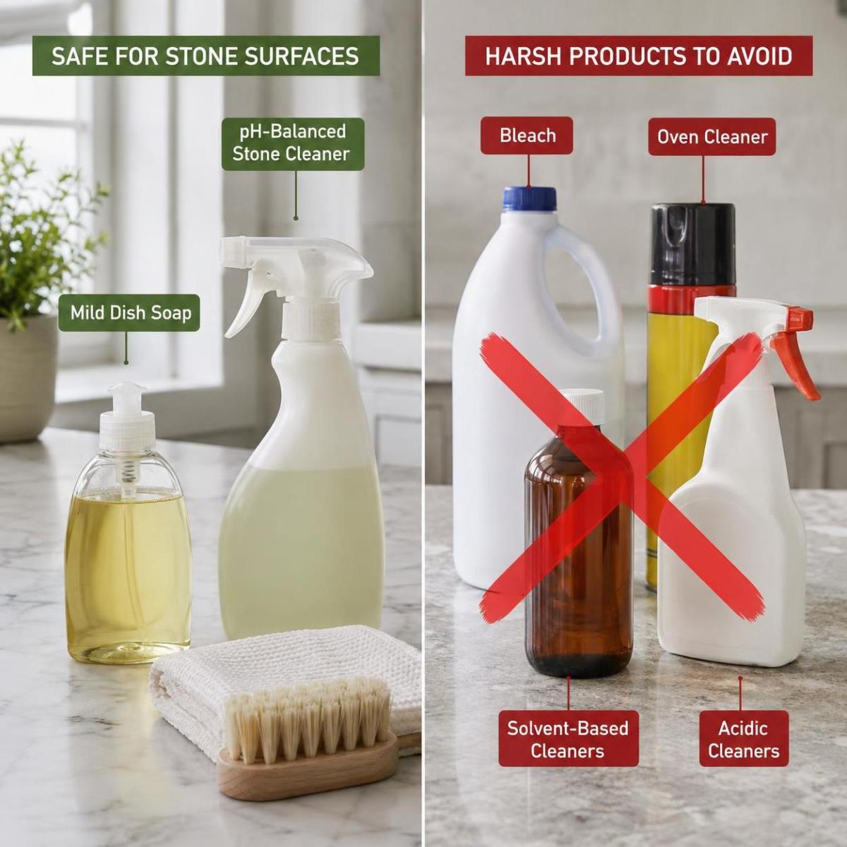Infographic showing safe cleaners and harsh products to avoid on quartz countertops Infographic showing safe cleaners and harsh products to avoid on quartz countertops