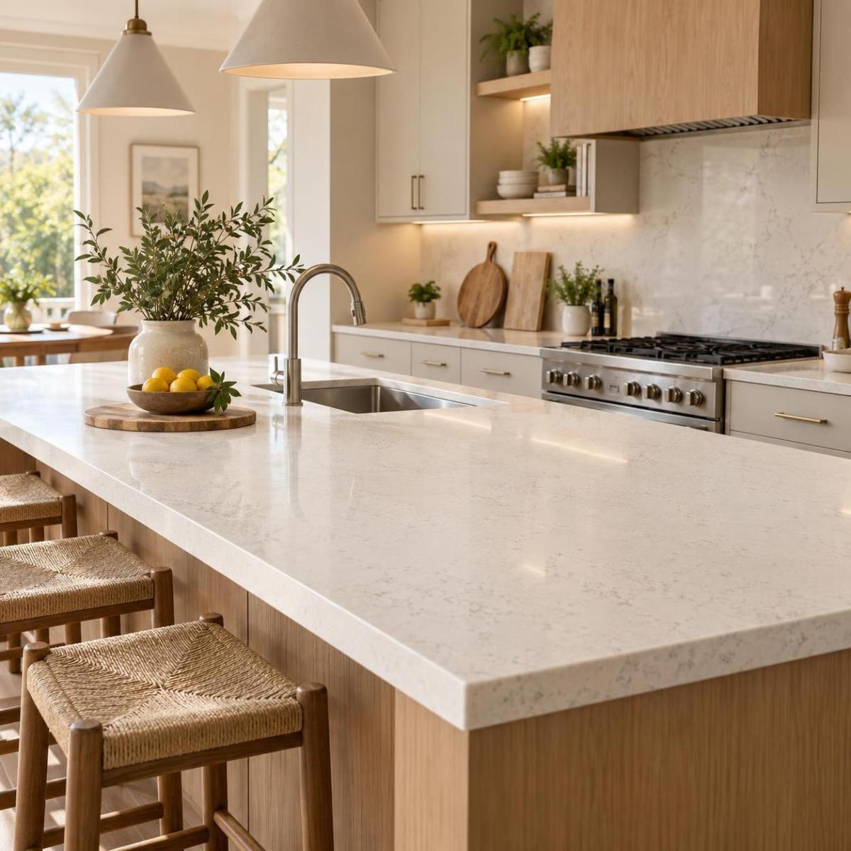 Beige speckled quartz countertop on a kitchen island in a modern home Beige speckled quartz countertop on a kitchen island in a modern home