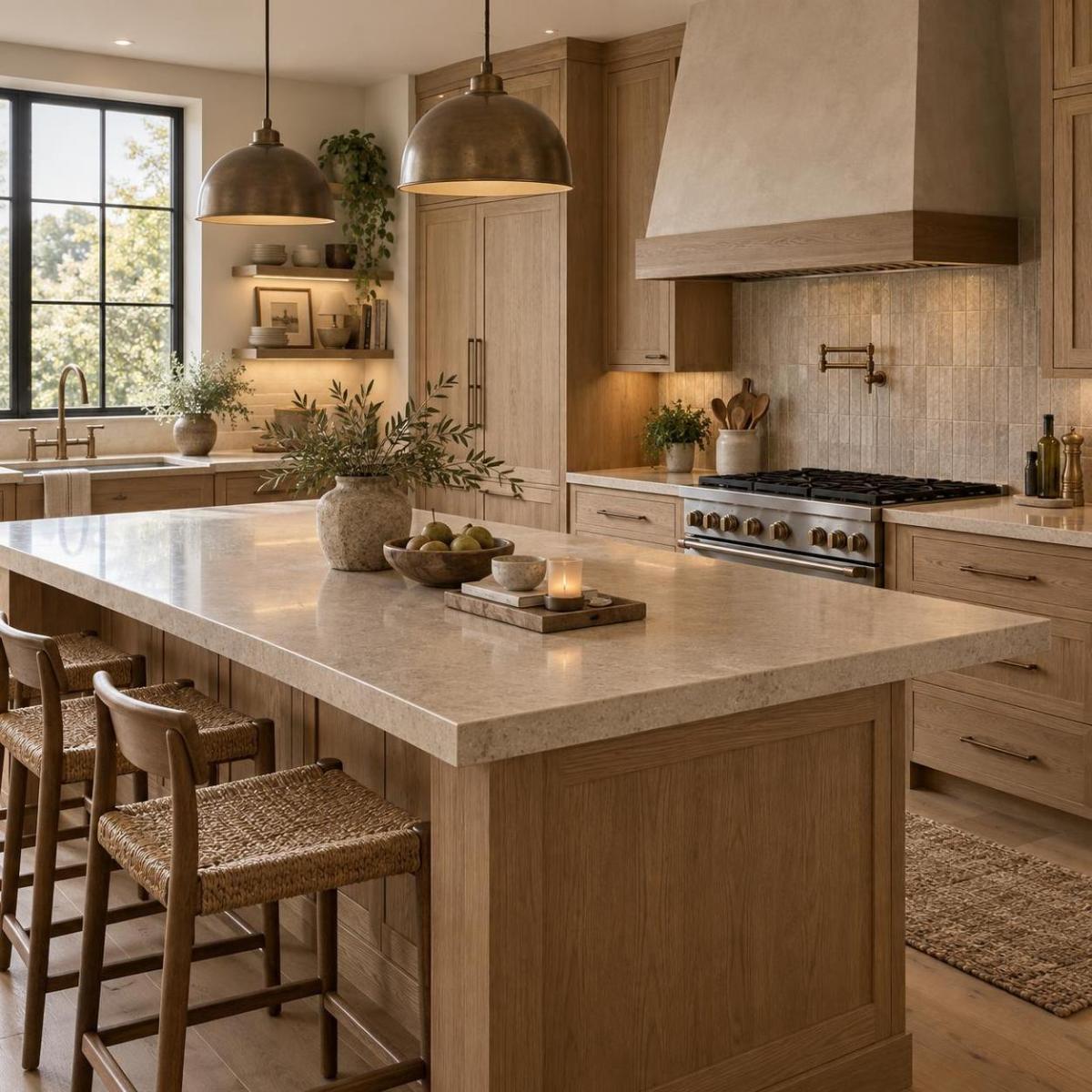 Light grey quartz island countertop paired with wood cabinets in a modern kitchen Light grey quartz island countertop paired with wood cabinets in a modern kitchen