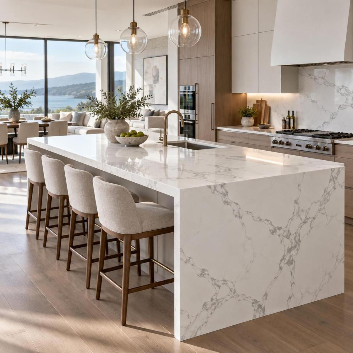 White marble-look quartz waterfall island in a contemporary kitchen project White marble-look quartz waterfall island in a contemporary kitchen project