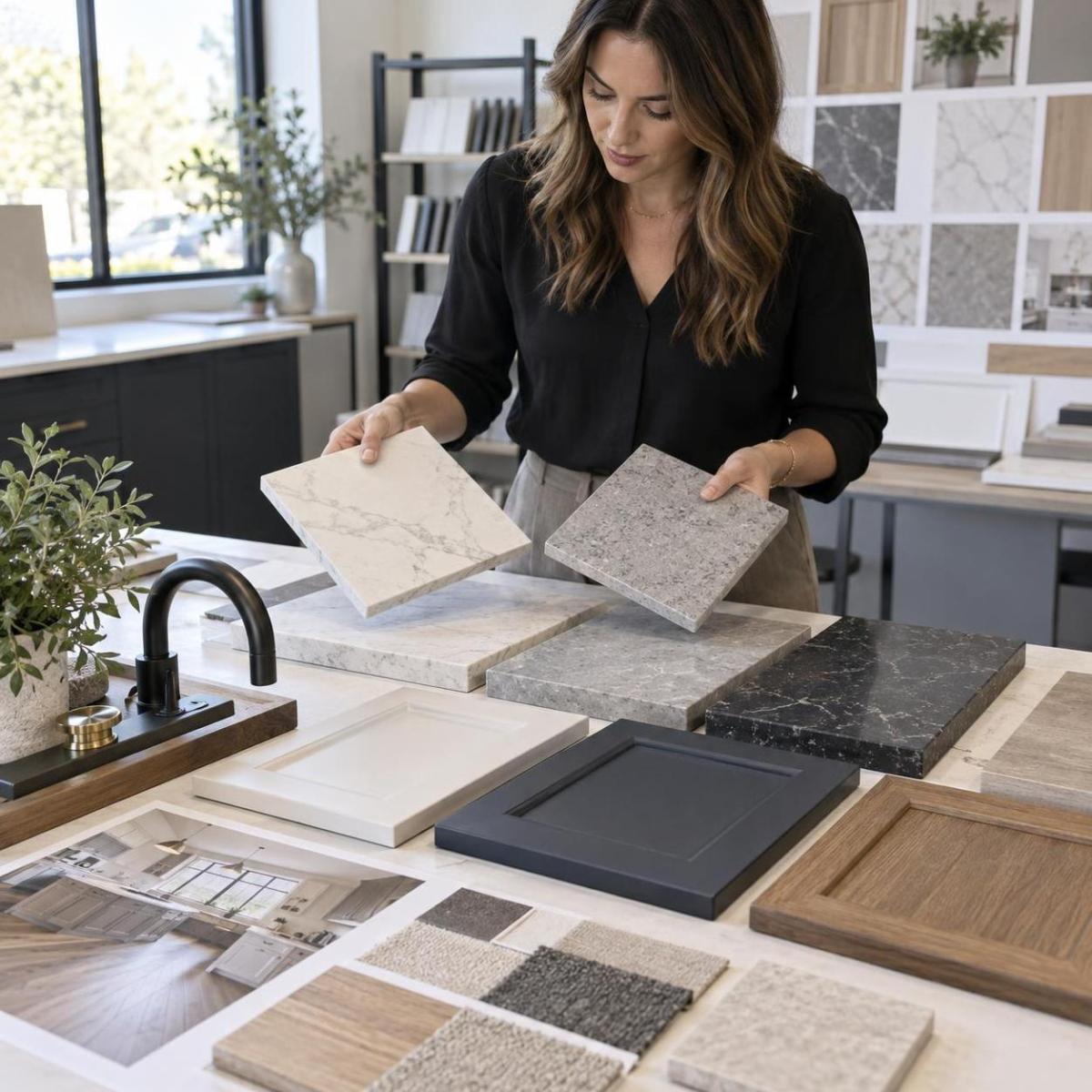 Designer selecting from a range of quartz slab colors for a kitchen project Designer selecting from a range of quartz slab colors for a kitchen project