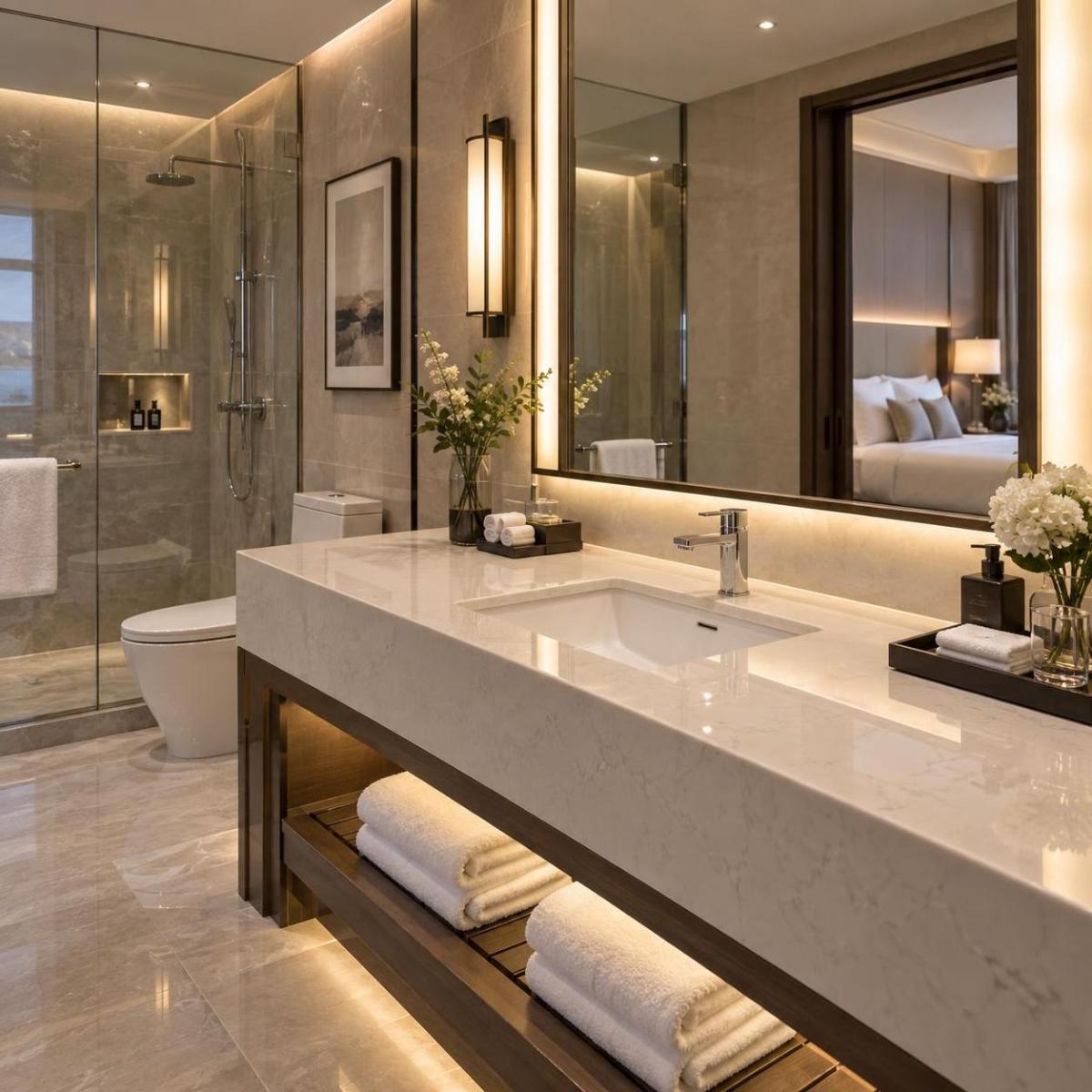 Quartz vanity top in a luxury hotel bathroom with a glass shower and backlit mirror
