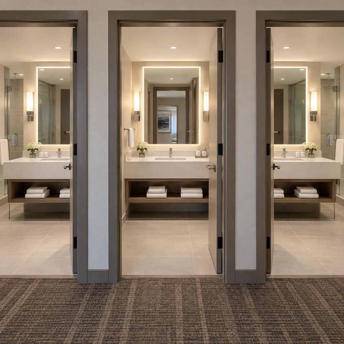 Double quartz sinks and counters in a modern hotel bathroom with mirrored walls