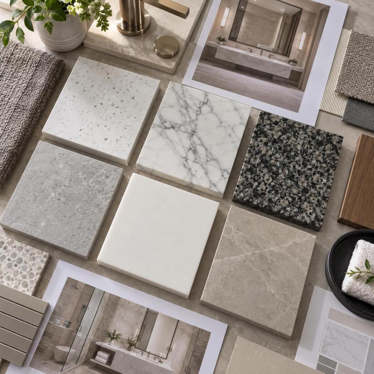 Collage of quartz and stone samples with a hotel bathroom design mockup