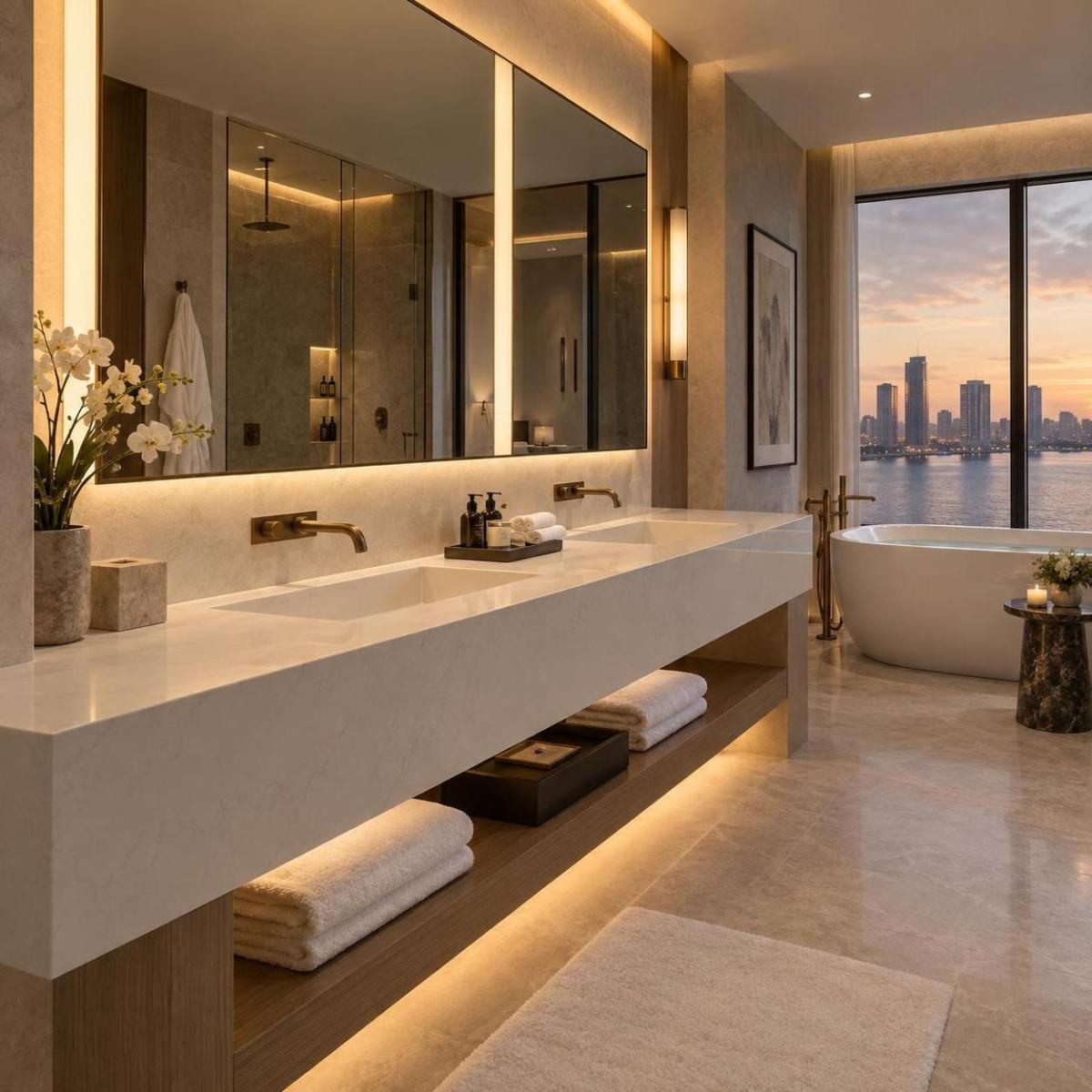 Hotel bathroom with a quartz vanity and a city view through the window