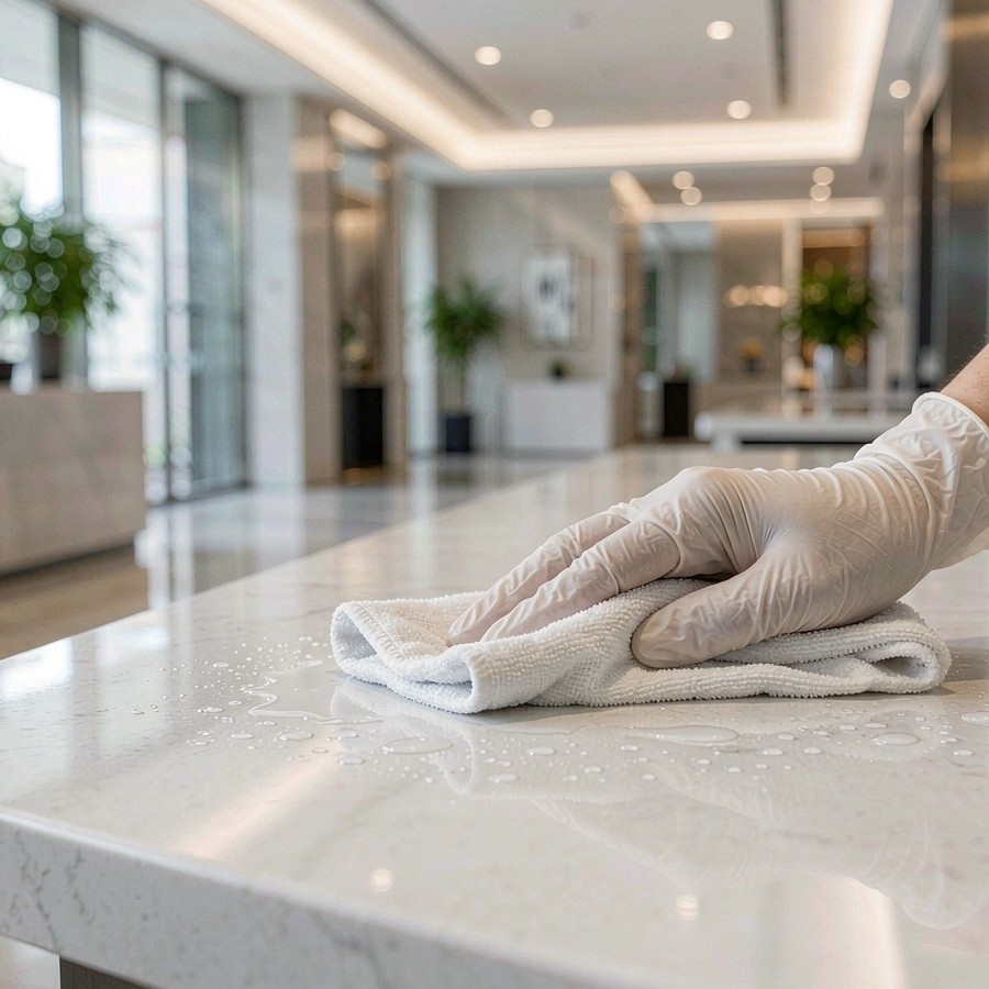 1789378667958057332550369280.png Cleaning a non-porous commercial quartz front desk counter in a high-traffic mall