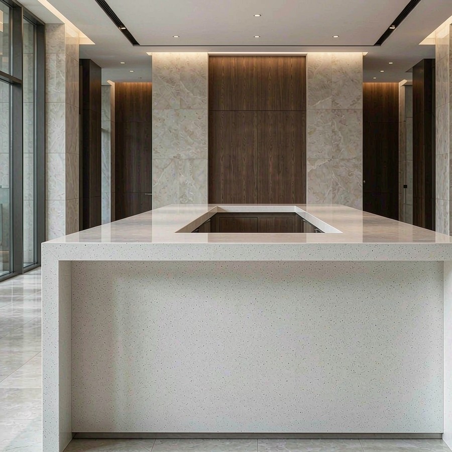 1789378669958057341136109568.png Waterfall-edge commercial quartz front desk counter in a premium brand reception area
