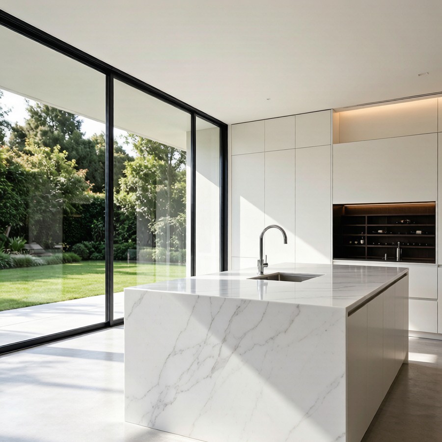 1789385346958085345933500416.png Villa quartz slab waterfall island in a luxury modern villa kitchen