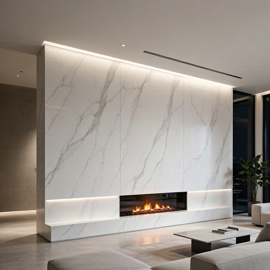 1789385349958085357425893376.png Large-format villa quartz slab feature wall with book-matched veining