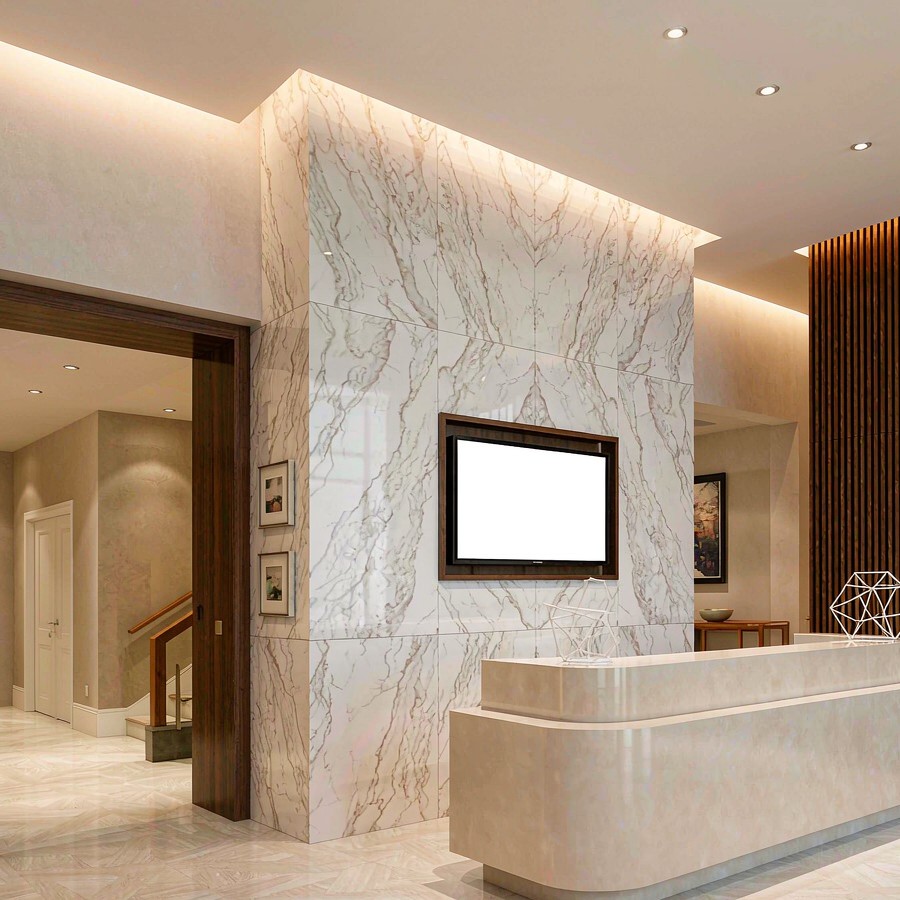 Engineered Quartz Wall Panel feature wall in a modern hotel lobby