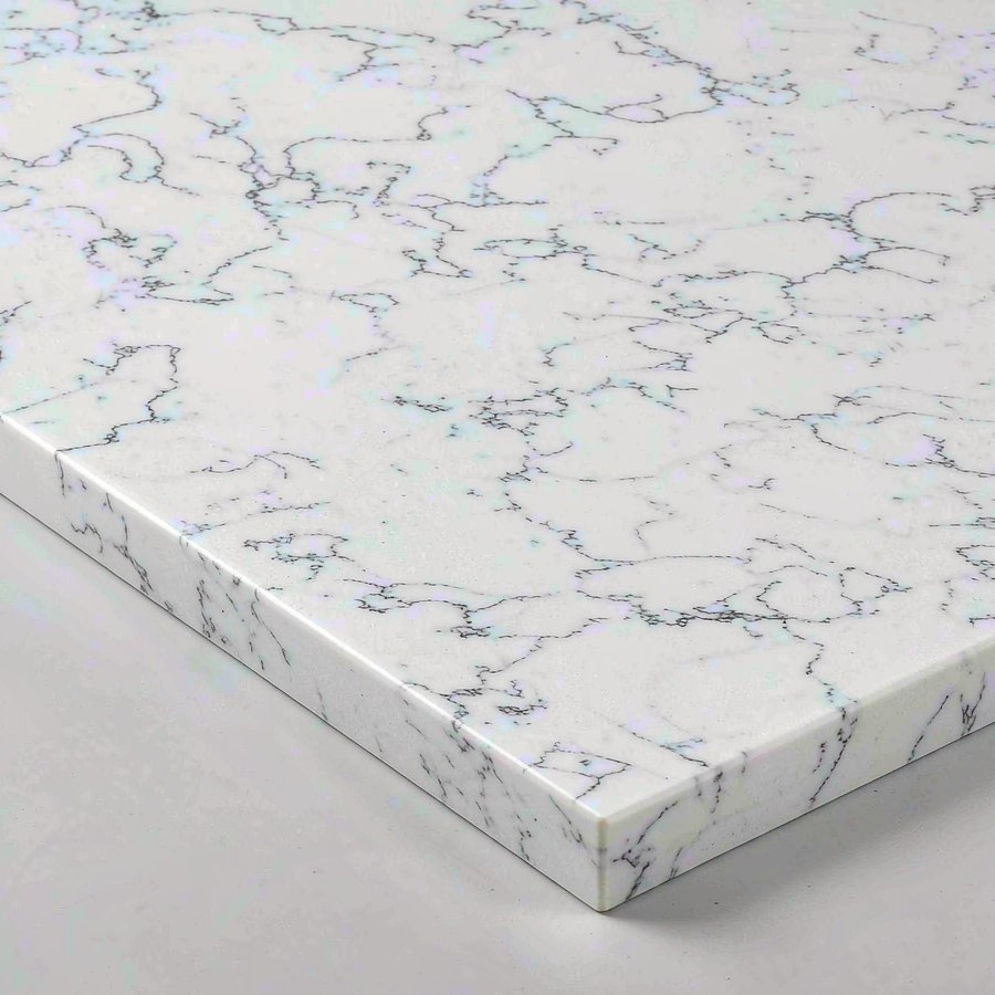Engineered quartz slab sample with marble-inspired veining