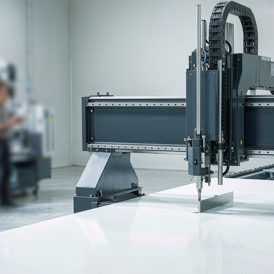 1789454727958376351191060480.png CNC bridge saw cutting a large white quartz slab in a factory workshop