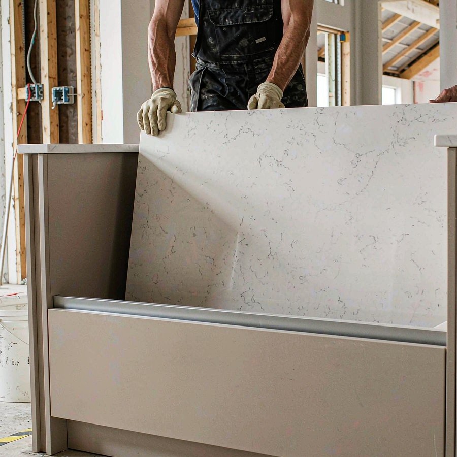 Installers positioning a custom cut quartz slab onto base cabinets