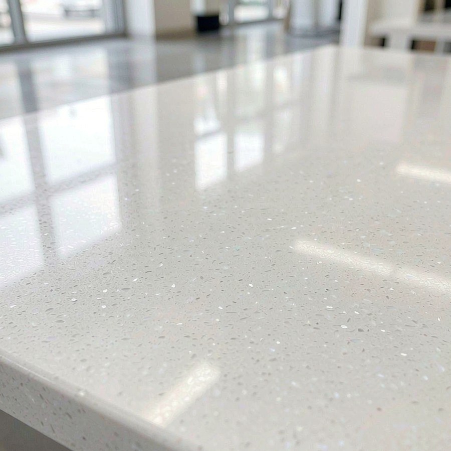 Polished white anti-scratch quartz slab surface reflecting overhead lights in a factory showroom
