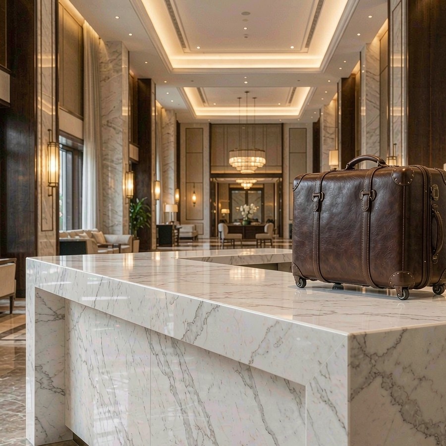 Busy hotel reception counter clad in white anti-scratch quartz with luggage resting on the surface