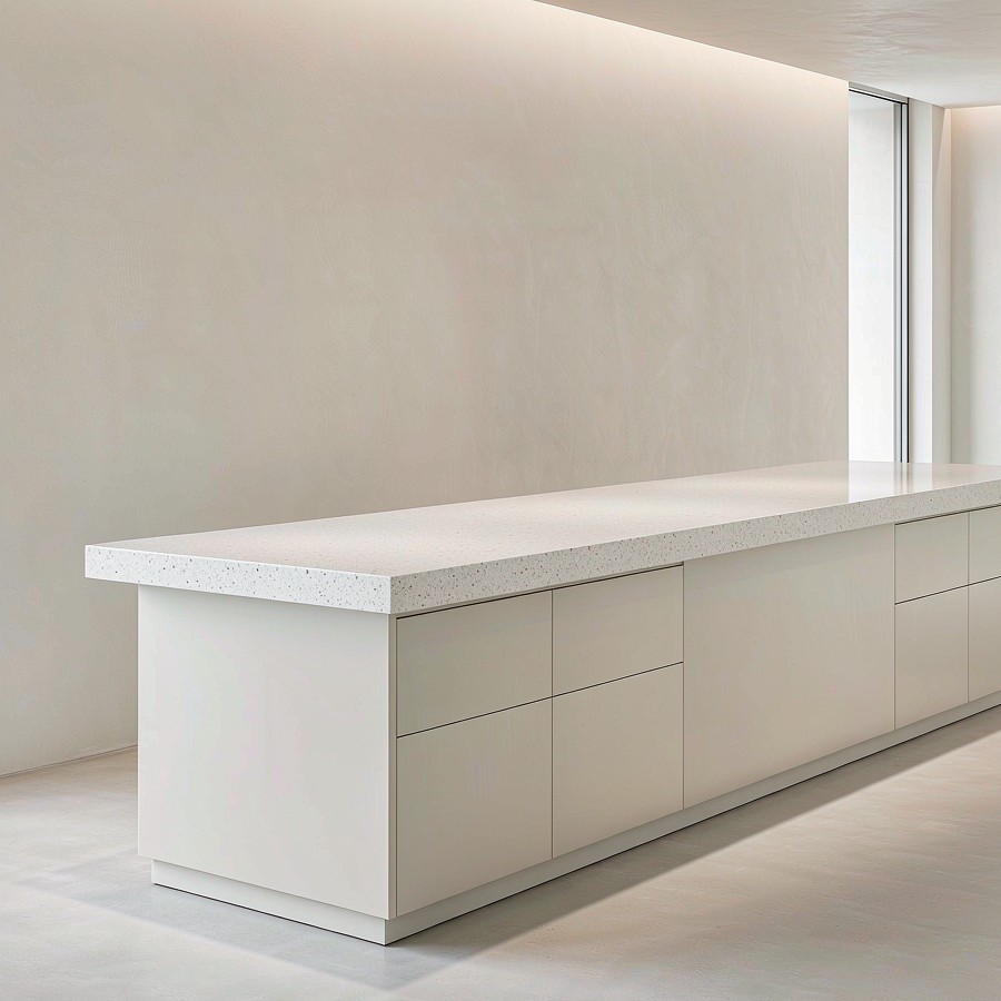 Modern retail cash wrap counter with anti-scratch quartz top in fine grey grain finish
