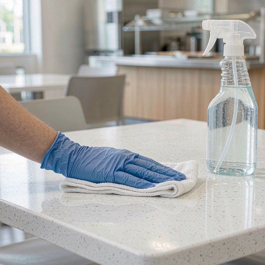 Facility staff cleaning anti-scratch quartz cafeteria table with microfiber cloth and spray bottle