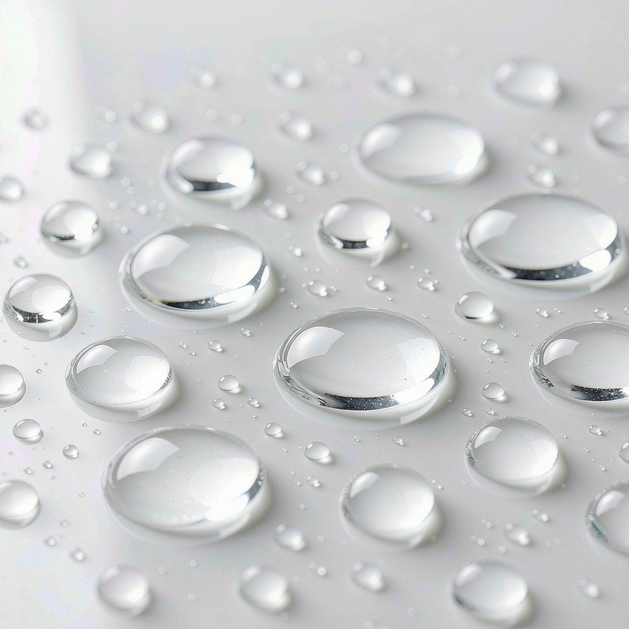 Water droplets beading on polished waterproof quartz stone countertop surface