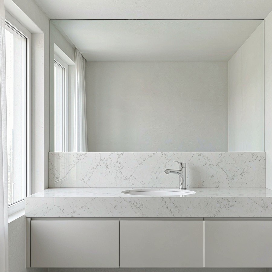 Modern bathroom vanity with waterproof quartz stone countertop and full-height quartz backsplash
