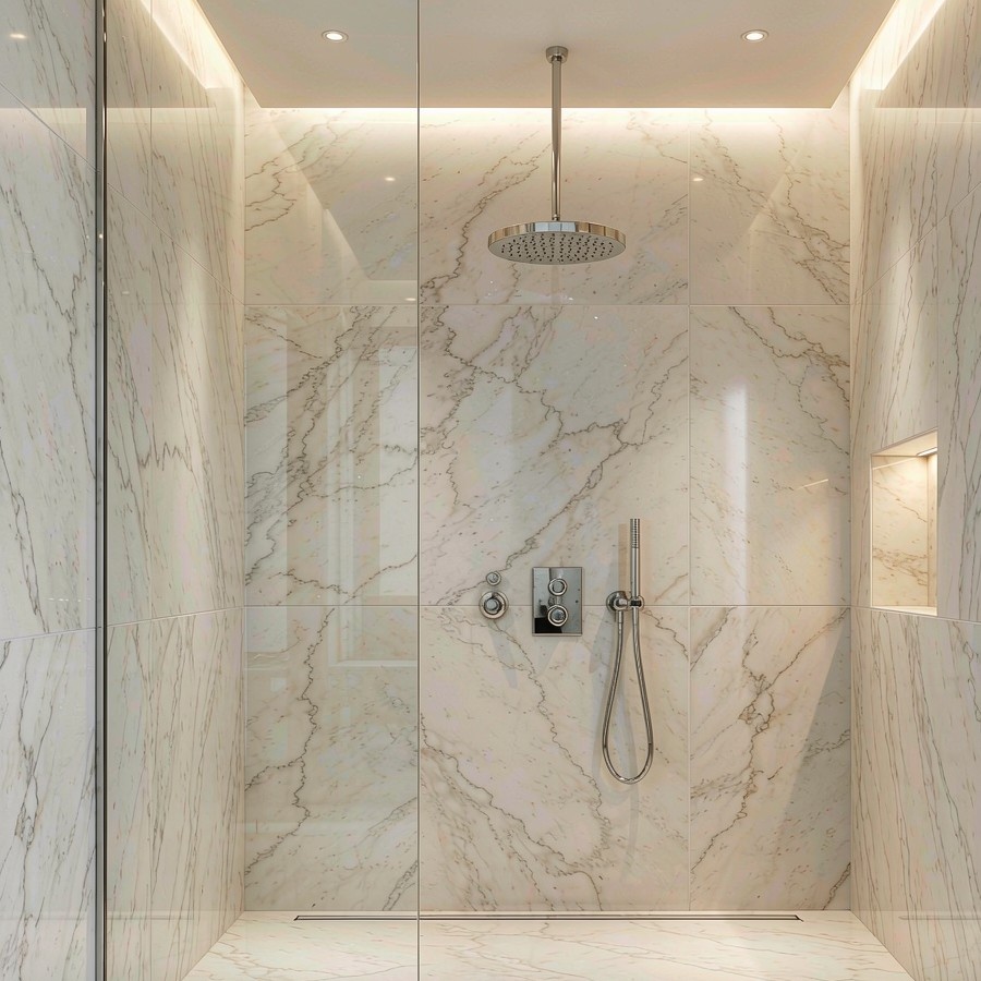 Luxury walk-in shower room with waterproof quartz stone wall panels in subtle grey veining